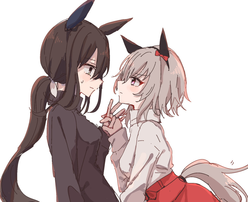 2girls, admire_vega_(umamusume), akarimaru, animal_ears, bangs, black_sweater, breasts, brown_hair