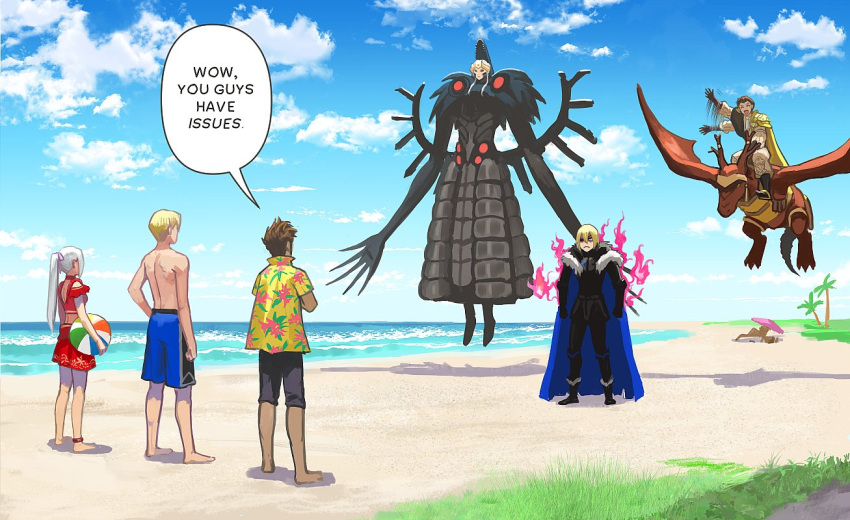 1girl, 2boys, beach, blonde_hair, blue_cape, blue_sky, brown_hair, cape