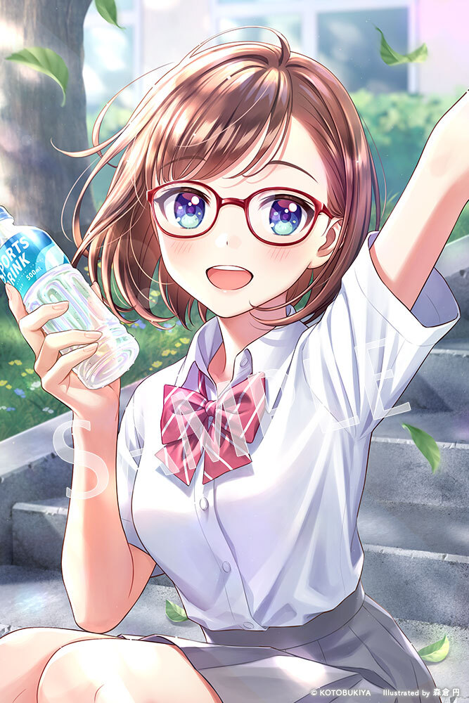 1girl, :d, arm_up, asymmetrical_bangs, bangs, blue_eyes, blush, bottle