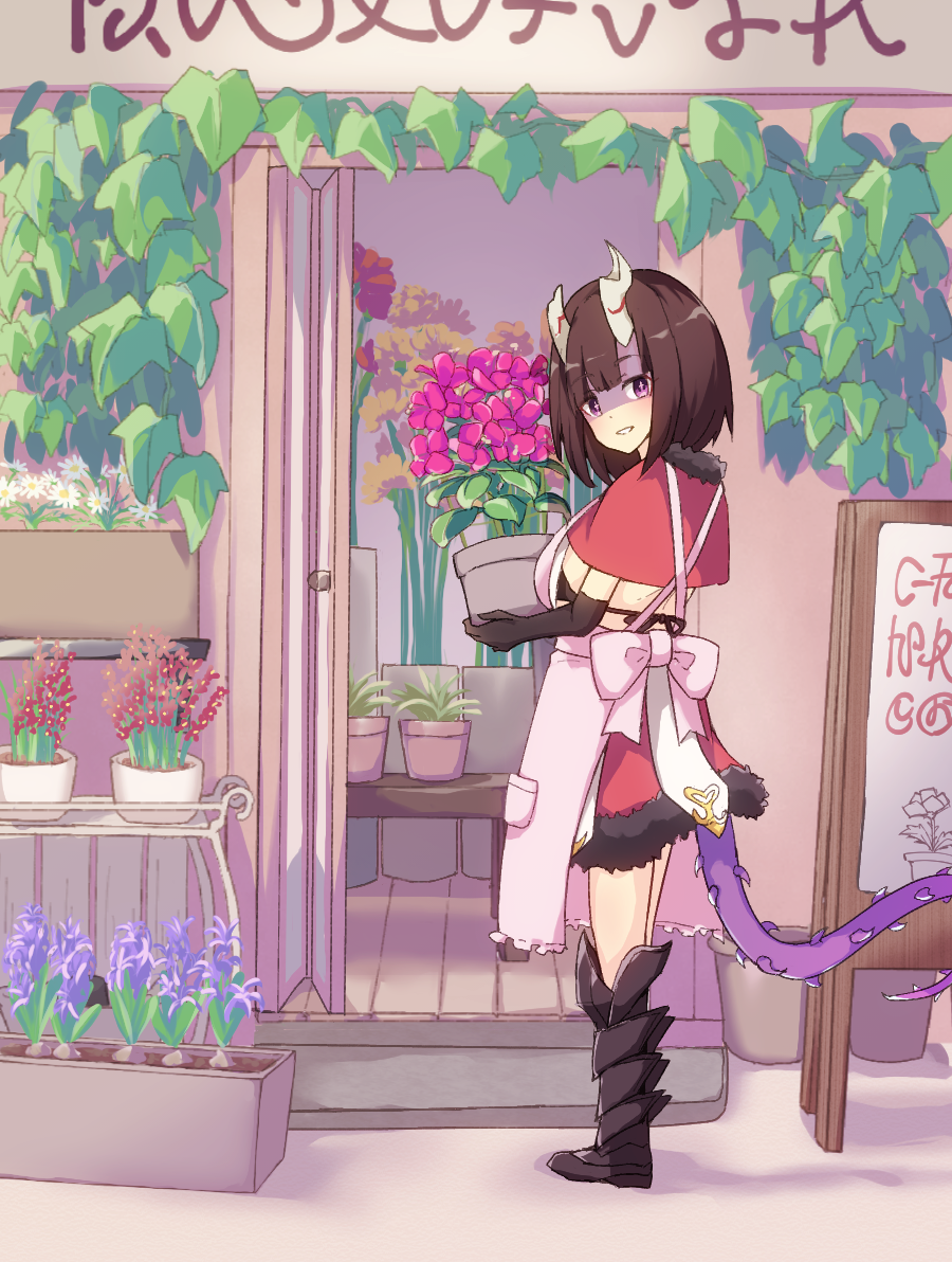 1girl, apron, armored_boots, black_bra, black_footwear, black_gloves, boots, bra, broken_horn, brown_hair, capelet, commentary_request, demon_girl, demon_horns, elbow_gloves, eriko_(princess_connect!), flower, flower_shop, fur-trimmed_capelet, fur-trimmed_skirt, fur_trim, gloves, holding, holding_pot, horns, looking_at_viewer, looking_back, narusakabronze, plant, pot, potted_plant, princess_connect!, red_capelet, red_skirt, shaded_face, shop, short_hair, sign, skirt, smile, solo, spiked_tail, tail, underwear, violet_eyes