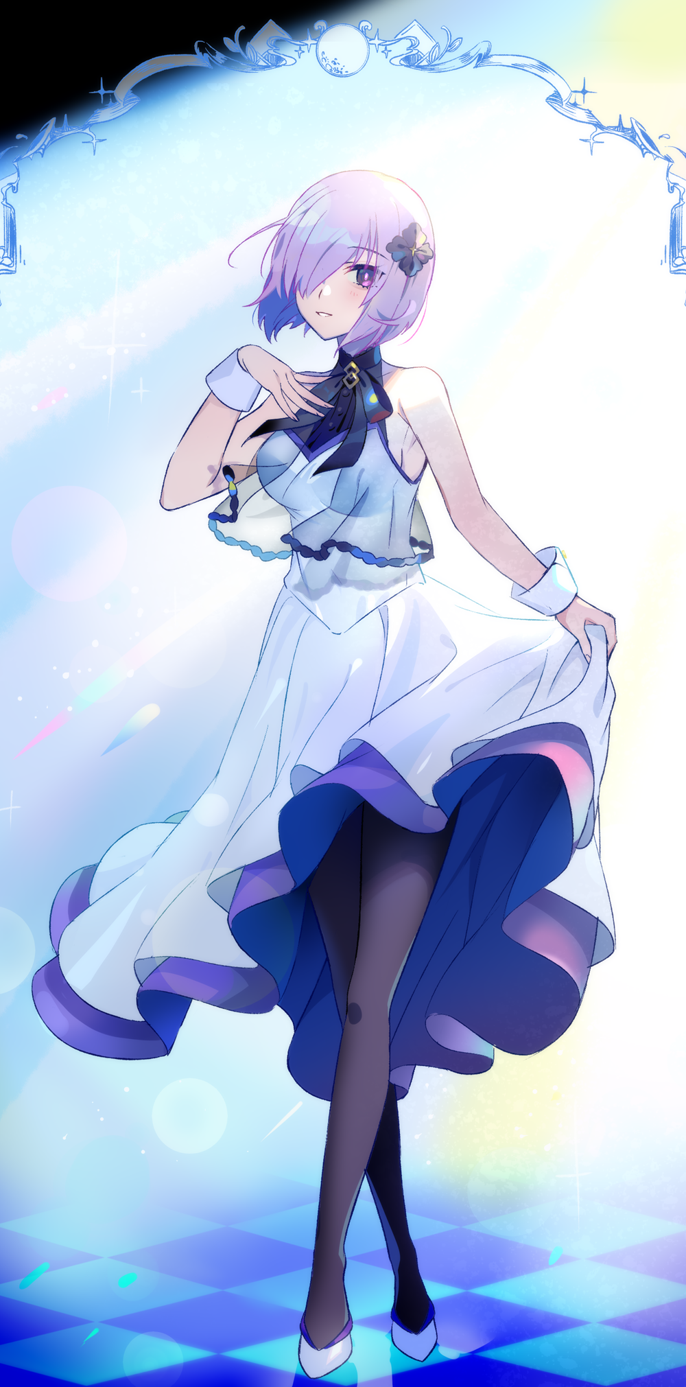1girl, alternate_costume, black_legwear, black_ribbon, blush, breasts, commentary, dress, eyebrows_visible_through_hair, fate/grand_order, fate_(series), formal, full_body, grin, hair_ornament, hair_over_one_eye, hand_on_own_chest, highres, light_purple_hair, looking_at_viewer, mash_kyrielight, mash_kyrielight_(under_the_same_sky), medium_breasts, neck_ribbon, official_alternate_costume, one_eye_covered, pantyhose, ribbon, see-through, short_hair, skirt_hold, sleeveless, sleeveless_dress, smile, solo, violet_eyes, white_dress, white_footwear, wrist_cuffs, yuura