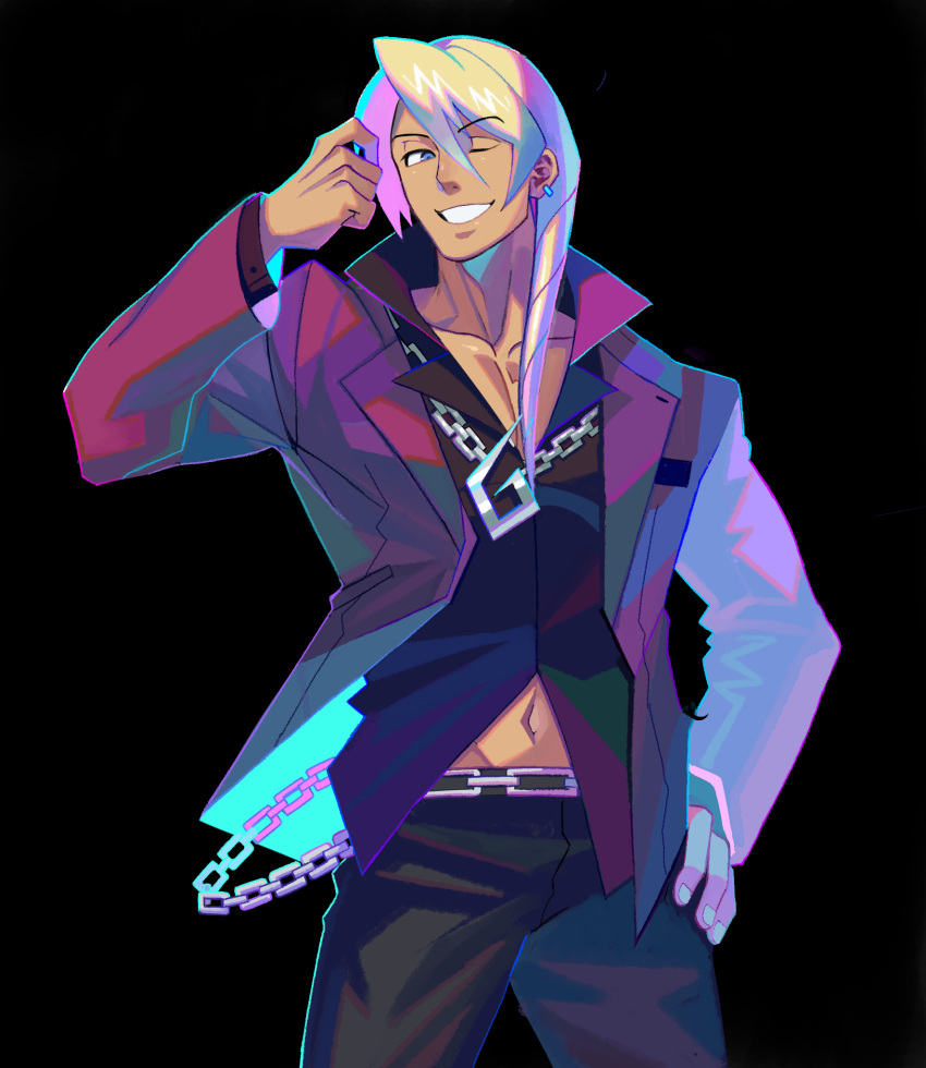 1boy, ace_attorney, bangs, black_pants, black_shirt, blonde_hair, blue_eyes, chain