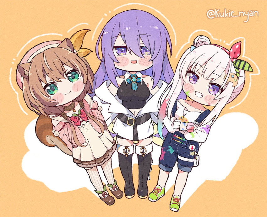 3girls, :d, acorn_pendant, airani_iofifteen, animal_ear_fluff, animal_ears, aran_sweater, arms_behind_back, ayunda_risu, bangs, beige_dress, belt, belt_buckle, beret, black_belt, black_footwear, black_shirt, blush, boots, bow, bow_hairband, brown_footwear, brown_hair, buckle, cable_knit, cardigan, chibi, choker, collared_shirt, colored_inner_hair, colored_shadow, cross-laced_footwear, crossed_arms, crossed_bangs, denim, dress, full_body, fur-trimmed_legwear, fur_boots, fur_choker, fur_trim, gradient_hair, green_eyes, green_footwear, hair_bobbles, hair_ornament, hairband, hairclip, halter_top, halterneck, hands_on_another's_waist, hat, high_heel_boots, high_heels, hololive, hololive_indonesia, hooded_cardigan, jacket, jacket_partially_removed, jewelry, jitome, kukie-nyan, leaf_hair_ornament, legs_apart, long_hair, loose_clothes, low_twintails, moona_hoshinova, multicolored_hair, multiple_girls, o-ring, off_shoulder, orange_background, overalls, overalls_rolled_up, paint_can, paint_on_body, paint_on_clothes, paint_splatter, paint_splatter_on_face, paintbrush, palette_(object), palette_hair_ornament, pendant_choker, pink_cardigan, pink_hair, pink_headwear, purple_hair, red_bow, ribbed_legwear, scrunchie, shadow, shirt, shoes, side_bun, side_ponytail, sidelocks, simple_background, smile, sneakers, squirrel_ears, squirrel_girl, squirrel_tail, standing, star_(symbol), sweater, swept_bangs, tail, thigh-highs, thigh_boots, tied_hair, twintails, twitter_username, very_long_hair, violet_eyes, virtual_youtuber, wavy_hair, white_jacket, zettai_ryouiki