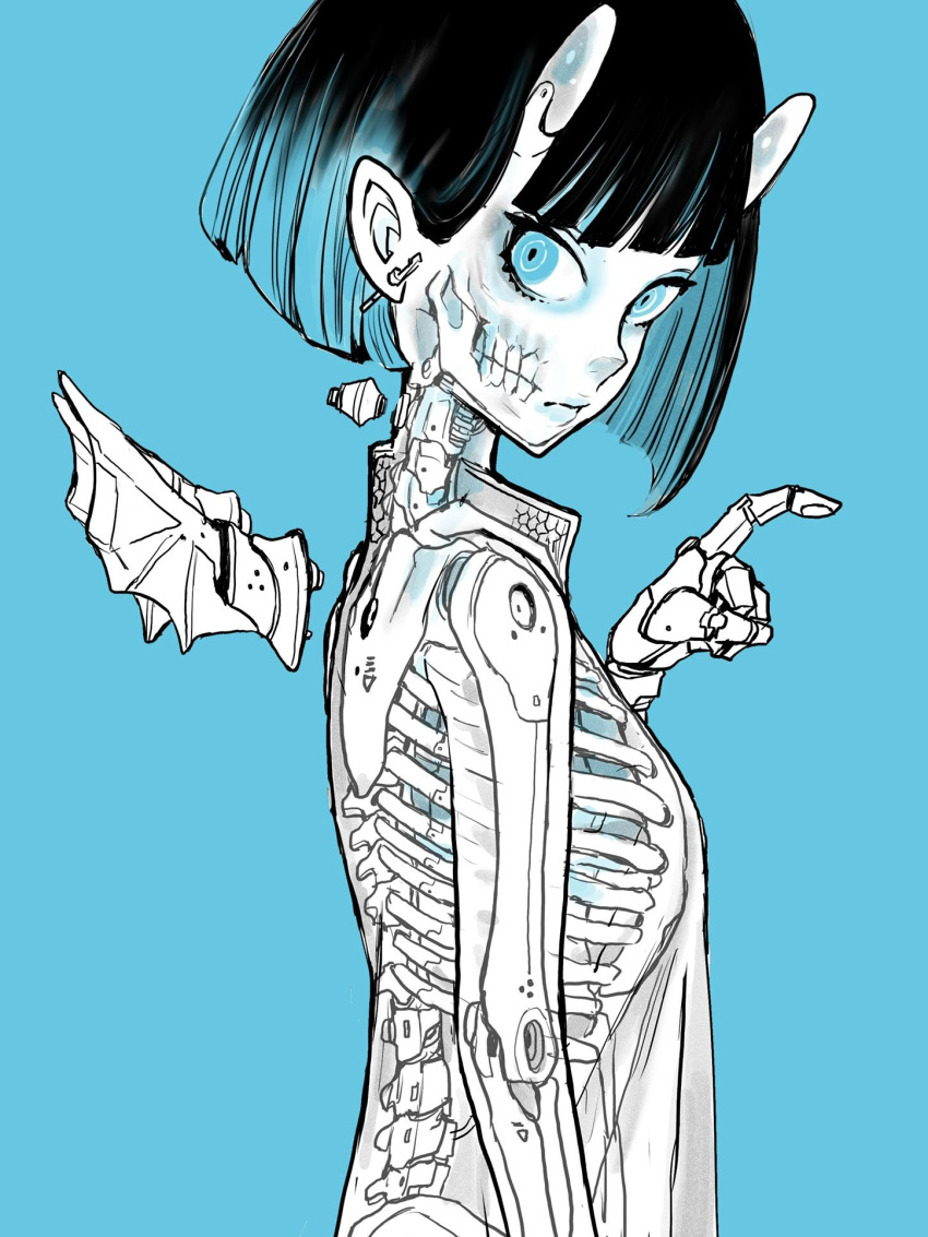 1girl, aki001208, bangs, black_hair, blue_background, blue_eyes, blue_theme, blunt_bangs