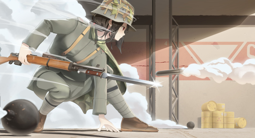 absurdres, action, bayonet, black_hair, bolt_action, bomb, girls_frontline, hat
