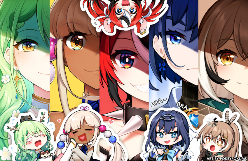 5girls, animal_ears, animal_on_head, antlers, ara_ara, artist_name, asymmetrical_hair, bangs