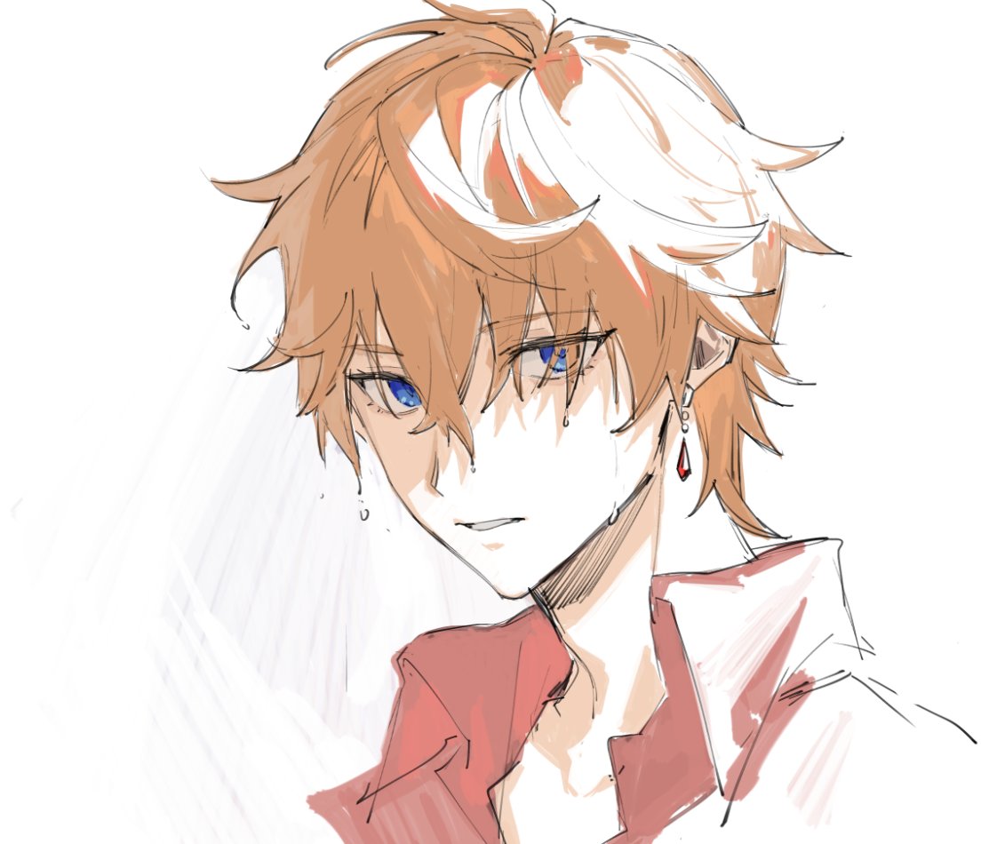1boy, akabane_yu, bangs, blue_eyes, earrings, genshin_impact, hair_between_eyes, jewelry
