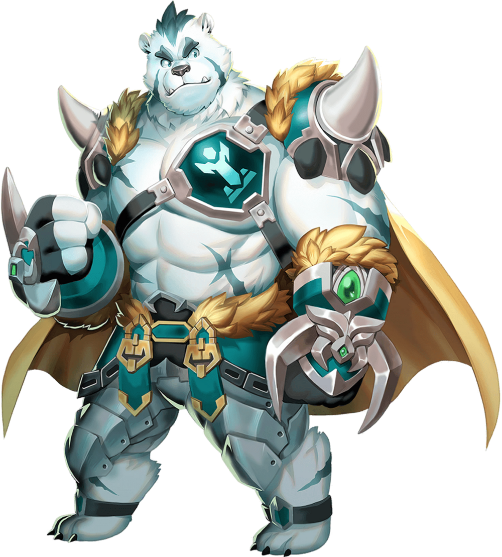 abs, anklet, armor, bare_pectorals, bear_boy, bernard_(gyee), biceps, blue_eyes, blue_fur, cape, chest_protector, claws, clenched_hand, fang, frown, furry, furry_male, gauntlets, gloves, gyee, jewelry, large_pectorals, leg_armor, muscular, muscular_male, ocuithu3mccqfmm, official_art, pectorals, scar, scar_on_arm, scar_on_chest, scar_on_face, scar_on_stomach, shoulder_armor, skirt, thick_arms, thick_eyebrows, weapon, white_fur