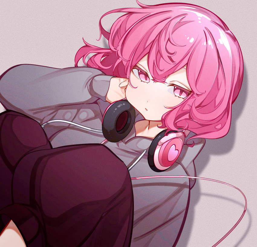 1girl, absurdres, bangs, blush, breasts, grey_hoodie, headphones, highres