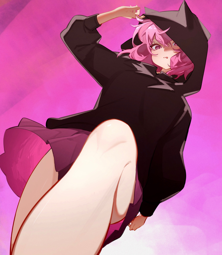 1girl, absurdres, bangs, black_hoodie, blush, breasts, highres, hood, hoodie, long_sleeves, looking_at_viewer, niconico, nqrse, nyannyan_321, open_mouth, pink_eyes, pink_hair, shirt, short_hair, simple_background, skirt, tongue, tongue_out, upper_body, utaite_(singer)