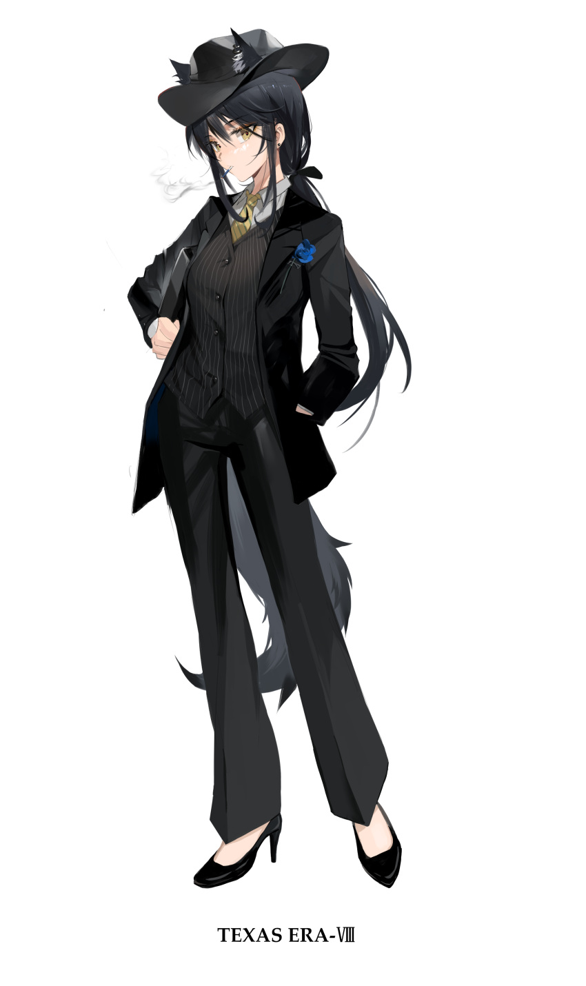 1girl, absurdres, animal_ears, arknights, black_footwear, black_hair, black_jacket, black_pants