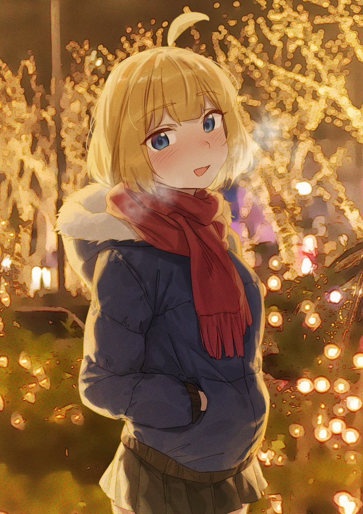 1girl, ahoge, bangs, black_skirt, blonde_hair, blue_eyes, blue_jacket, blurry