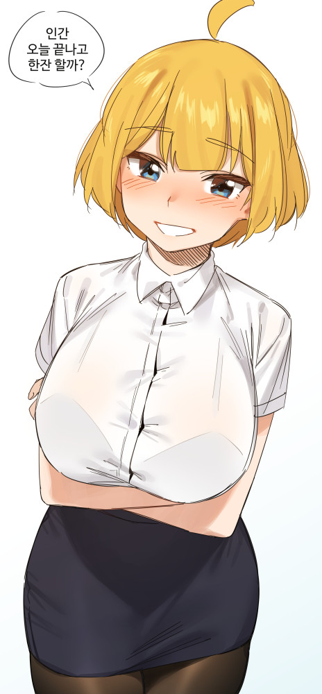 1girl, ahoge, arms_under_breasts, bangs, black_legwear, black_skirt, blonde_hair, blue_eyes