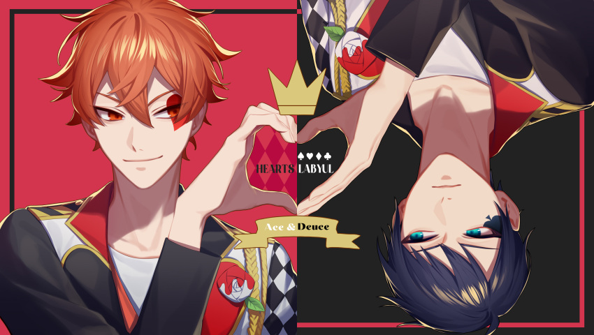 2boys, ace_trappola, black_background, black_hair, black_jacket, border, character_name, commentary, corsage, deuce_spade, dodoss_dont, english_text, facial_tattoo, flower, green_eyes, heart, heart_hands, heart_hands_duo, heart_tattoo, highres, jacket, long_sleeves, looking_at_another, multicolored_clothes, multicolored_jacket, multiple_boys, orange_hair, red_background, red_eyes, red_jacket, rose, short_hair, smile, spade_tattoo, symbol-only_commentary, tattoo, twisted_wonderland, two-tone_background, upper_body, upside-down, white_flower, white_jacket, white_rose