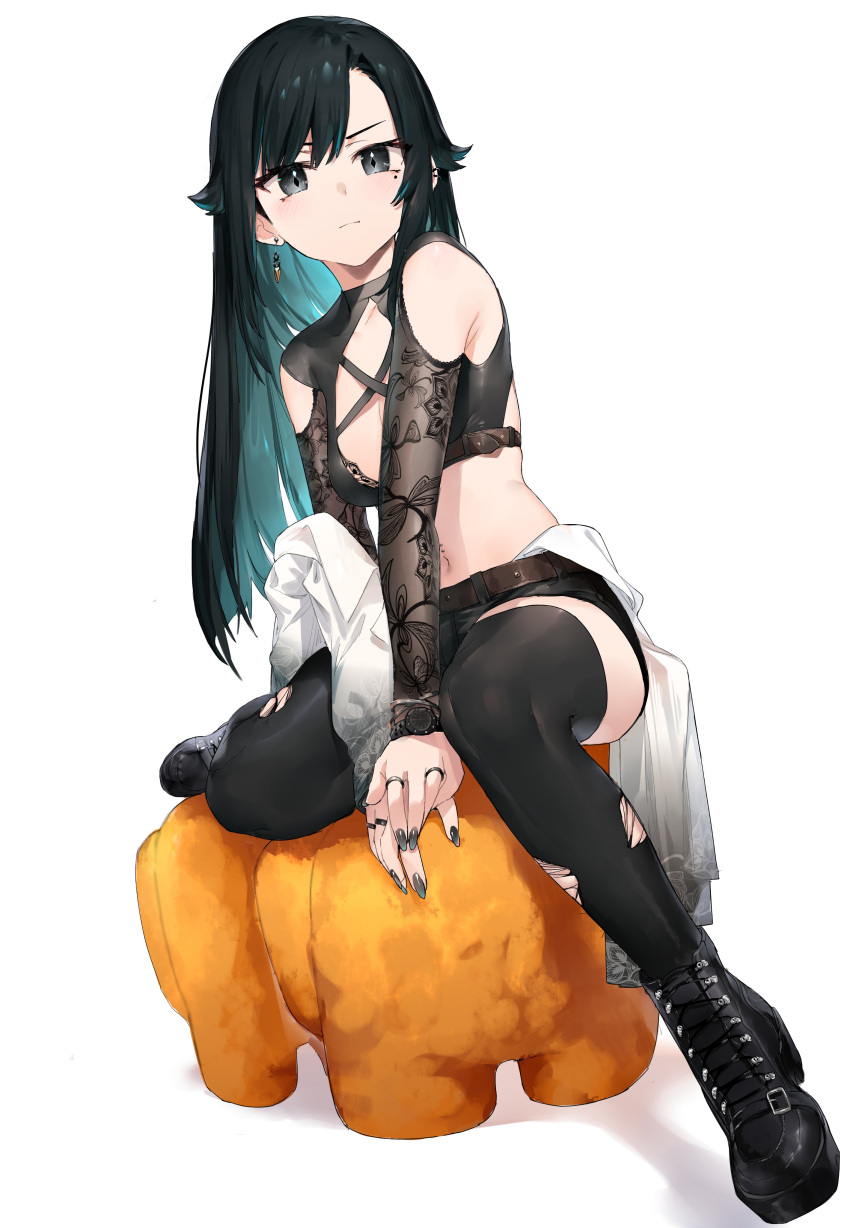 1girl, absurdres, black_eyes, black_footwear, black_hair, black_legwear, black_shirt, black_shorts, boots, breasts, closed_mouth, clothing_cutout, colored_inner_hair, crop_top, earrings, flor_(freshtango), frown, highres, jewelry, long_hair, long_sleeves, looking_at_viewer, midriff, mole, mole_under_eye, multicolored_hair, nail_polish, navel, neonbeat, original, ring, shirt, short_shorts, shorts, shoulder_cutout, simple_background, sitting, small_breasts, solo, stomach, thigh-highs, torn_clothes, torn_legwear, v-shaped_eyebrows, white_background
