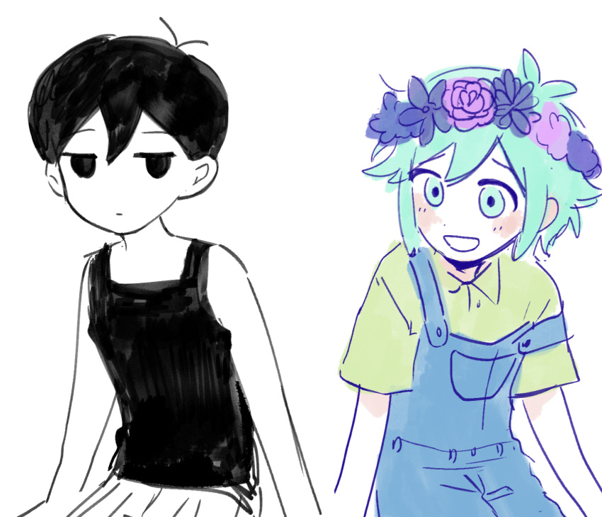 2boys, :d, basil_(omori), black_eyes, black_hair, black_shirt, commentary_request, denim
