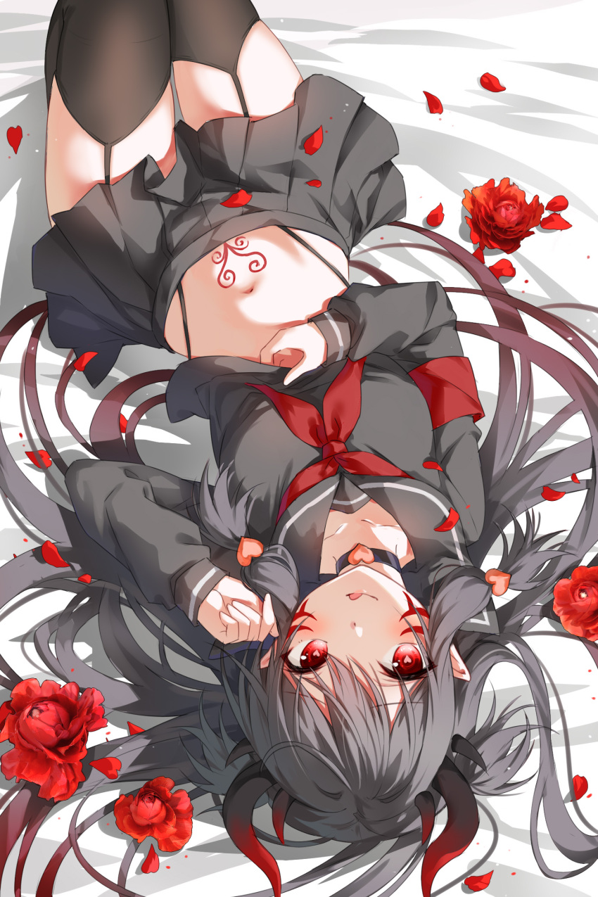 1girl, armband, black_hair, black_legwear, black_shirt, black_skirt, breasts, demon_girl