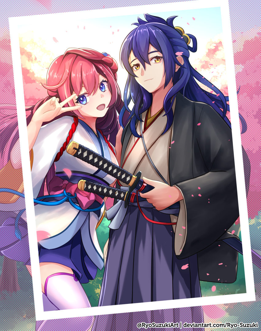 1boy, 1girl, :d, absurdres, bangs, blue_eyes, botan_(dragalia_lost), cherry_blossoms