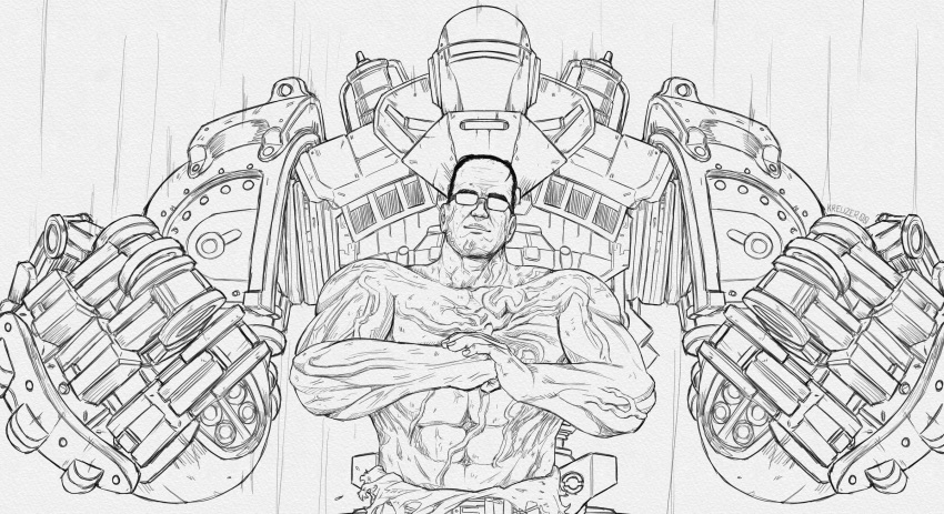 1boy, abs, commission, english_commentary, fallout_(series), fallout_4, flexing, glasses, greyscale, highres, kreuzer_00, liberty_prime, mecha, metal_gear_(series), metal_gear_rising:_revengeance, monochrome, muscular, muscular_male, nanomachines, pose, robot, science_fiction, signature, simple_background, steven_armstrong, topless_male