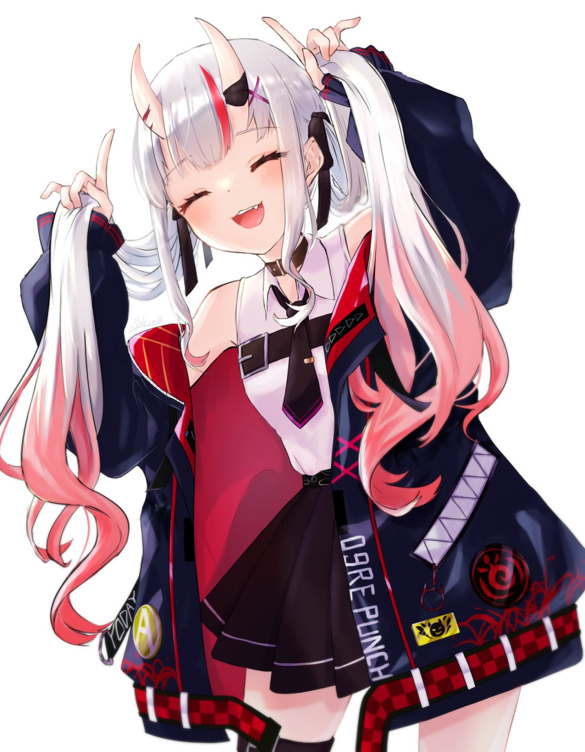 1girl, :d, \m/, bangs, belt, black_belt, black_collar, black_jacket, black_necktie, black_skirt, chest_belt, closed_eyes, clothes_writing, collar, cowboy_shot, dress_shirt, eyebrows_visible_through_hair, fang, gradient_hair, hair_ornament, hair_ribbon, highres, hololive, horns, jacket, long_hair, multicolored_hair, nakiri_ayame, necktie, off_shoulder, oni, oni_horns, open_mouth, pleated_skirt, puffy_sleeves, redhead, ribbon, sakunotoon, shirt, silver_hair, skin-covered_horns, skirt, sleeveless, smile, solo, streaked_hair, thigh_strap, tie_clip, twintails, virtual_youtuber, white_background, white_shirt, x_hair_ornament