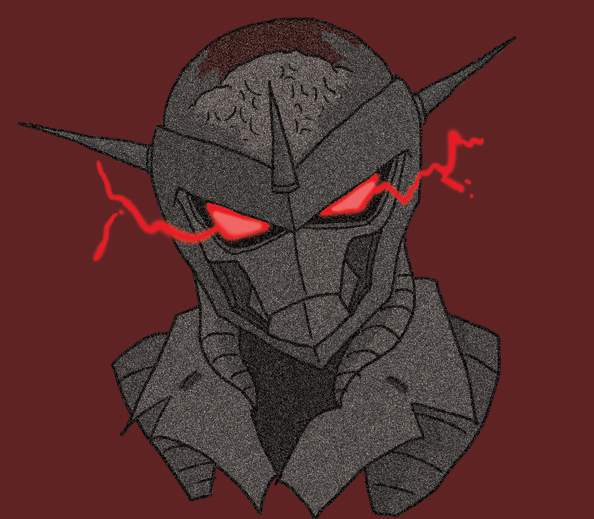 1boy, brain, brain_drain_(skullgirls), cyborg, glowing, glowing_eyes, head, jacket, lapel, limited_palette, nyoro_mutou, portrait, profile, red_background, red_eyes, skullgirls, solo, static