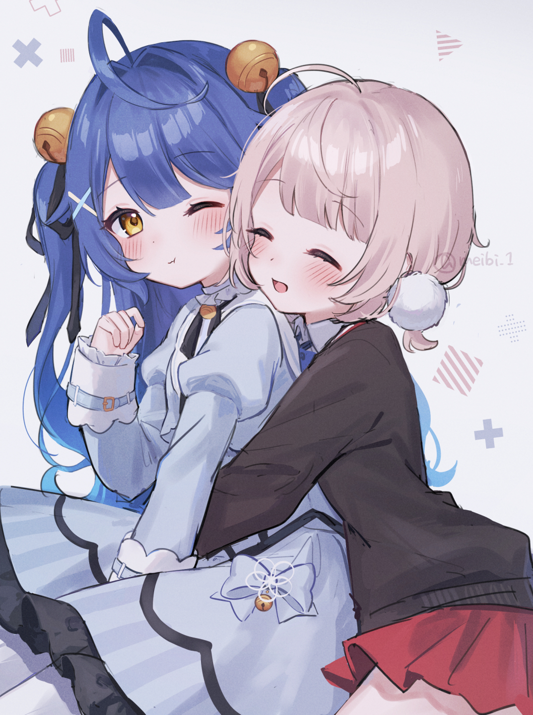 2girls, :d, ahoge, amamiya_kokoro, bangs, bell, black_sweater, blue_hair