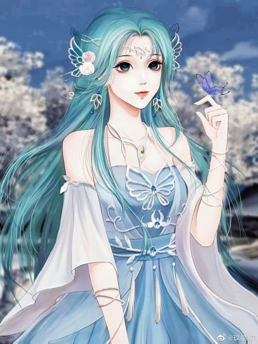 1girl, bare_shoulders, blue_dress, blurry, blurry_background, douluo_dalu, dress, earrings