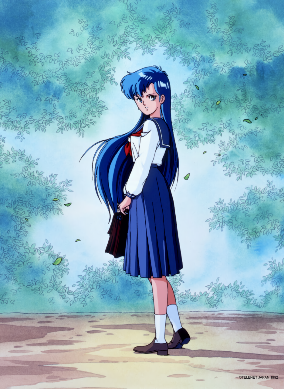 1990s_(style), 1992, 1girl, asou_yuuko, bangs, blue_eyes, blue_hair, blue_skirt