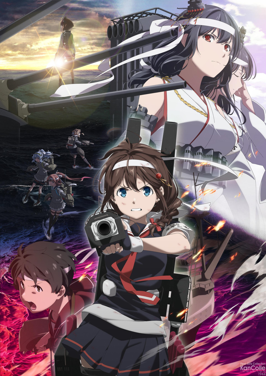 6+girls, ahoge, aiming, aiming_at_viewer, arm_warmers, artist_request, asagumo_(kancolle), ascot