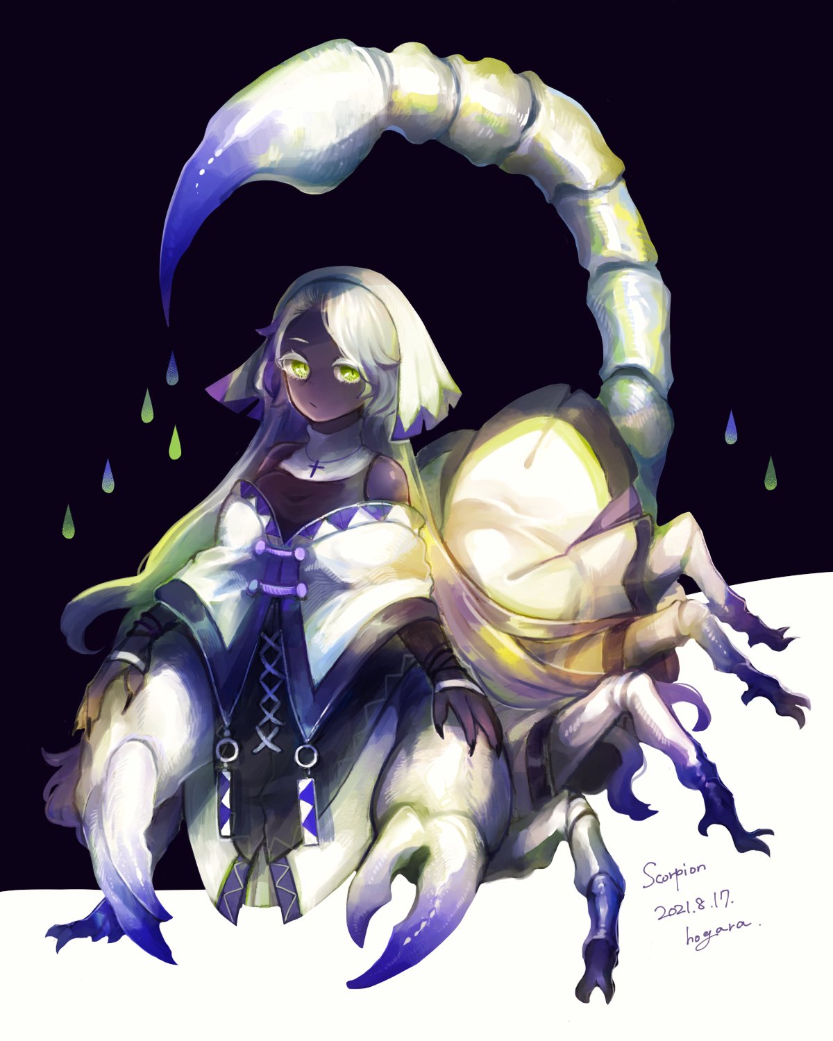 1girl, arthropod, arthropod_girl, arthropod_limbs, black_background, blue_skin, colored_skin, cross