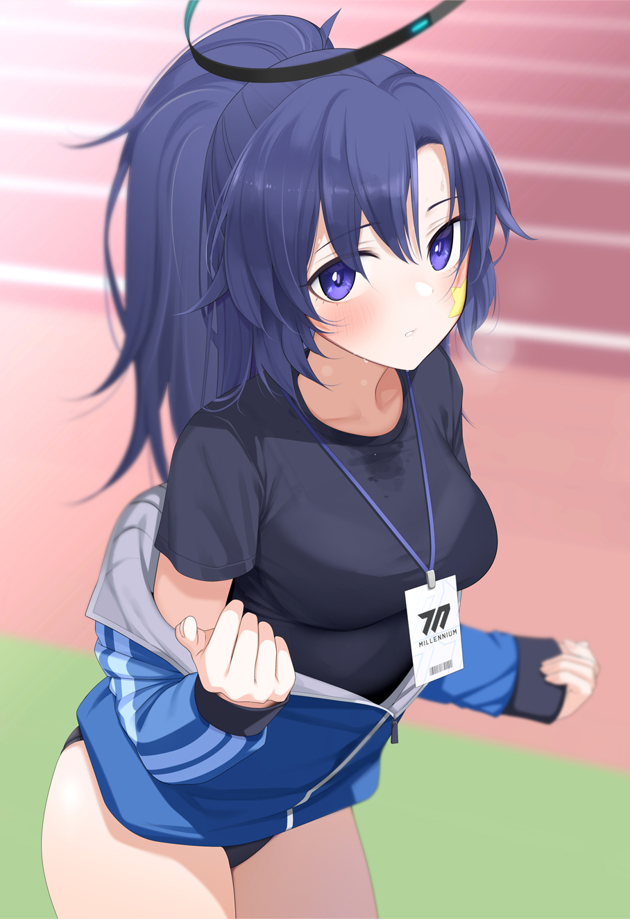 1girl, bangs, blue_archive, blush, breasts, breath, cowboy_shot, eyebrows_visible_through_hair