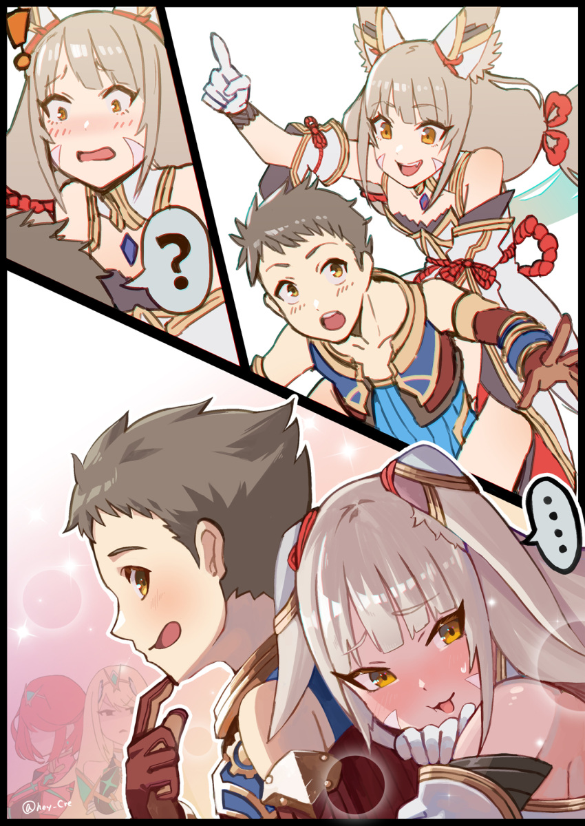 1boy, 3girls, animal_ears, bangs, blunt_bangs, blush, bodysuit, cat_ears