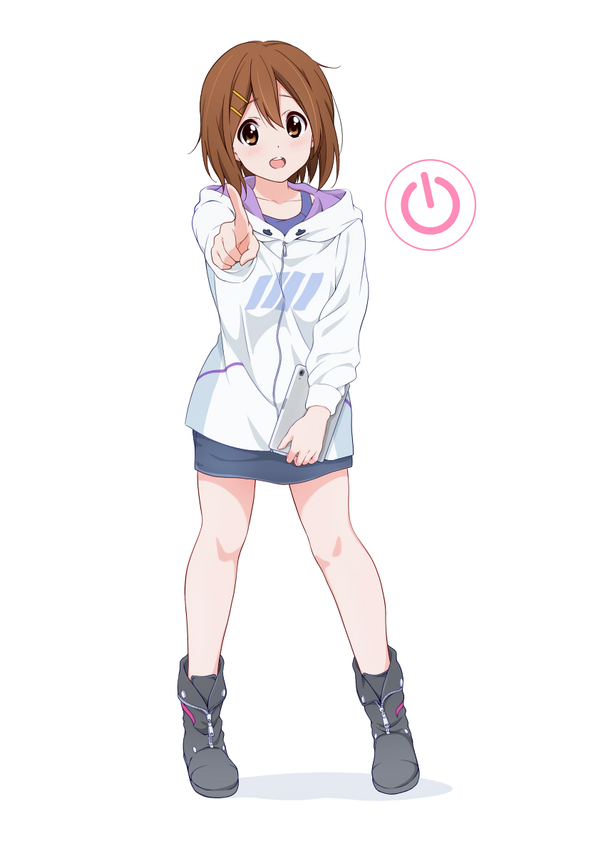 bangs, black_footwear, blue_skirt, blue_tank_top, blush, brown_eyes, brown_hair, collarbone