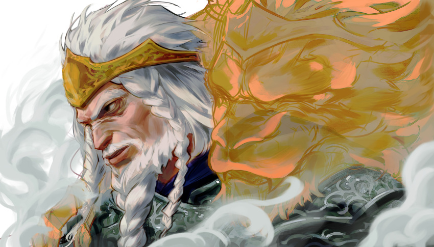 1boy, absurdres, armor, beard, black_eyes, braid, crown, elden_ring, facial_hair, godfrey_first_elden_lord, highres, long_beard, long_hair, looking_away, male_focus, scar, scar_on_face, sgkg108, sidelocks, simple_background, solo, upper_body, white_background, white_hair