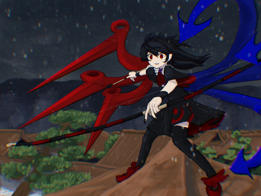1girl, arrow_(projectile), asymmetrical_wings, bangs, black_dress, black_hair, black_legwear, black_nails, blue_wings, bow, bow_(weapon), bowtie, buttons, center_frills, commentary_request, dress, fingernails, footwear_bow, frilled_dress, frills, full_body, grin, highres, holding, holding_arrow, holding_bow_(weapon), holding_weapon, houjuu_nue, long_fingernails, mary_janes, medium_hair, messy_hair, red_bow, red_bowtie, red_eyes, red_footwear, red_wings, ritsuzou, shoes, short_dress, short_sleeves, slit_pupils, smile, snowing, solo, thigh-highs, tomoe_(symbol), touhou, weapon, wings, wristband
