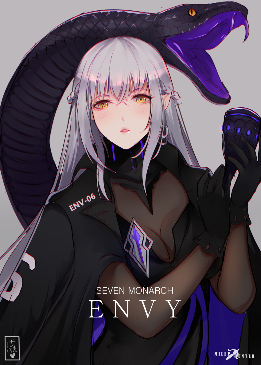 1girl, absurdres, artist_name, black_coat, black_gloves, bodystocking, braid, breasts