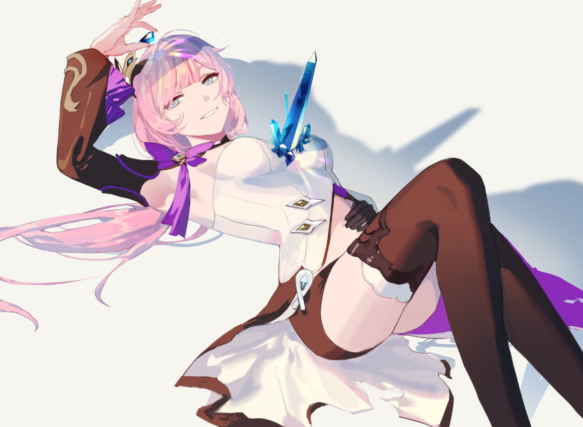 1girl, absurdres, armpits, bangs, black_footwear, black_gloves, blue_eyes, boots, breasts, crystal, elysia_(honkai_impact), gloves, grey_background, grin, hair_ornament, highres, holding, honkai_(series), honkai_impact_3rd, long_hair, long_sleeves, looking_at_viewer, lying, manman00351581, on_back, pink_hair, ponytail, shadow, single_glove, smile, spoilers, thigh-highs, thigh_boots