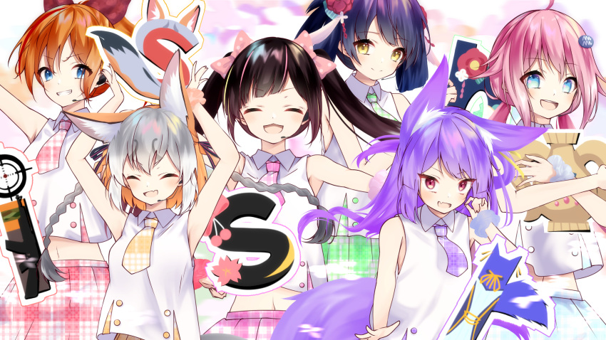 .live, animal_ears, black_hair, blue_hair, brown_hair, column_lineup, hanakoto_igusa, highres