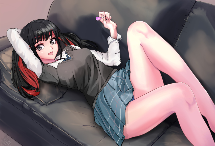 absurdres, arm_behind_head, black_hair, candy, couch, food, grey_eyes, gyaru, highres, lollipop, looking_at_viewer, lying, multicolored_hair, necktie, on_back, open_mouth, pillow, redhead, school_uniform, skirt, smile, sono_bisque_doll_wa_koi_wo_suru, sugaya_nowa, twintails, unstableboiler