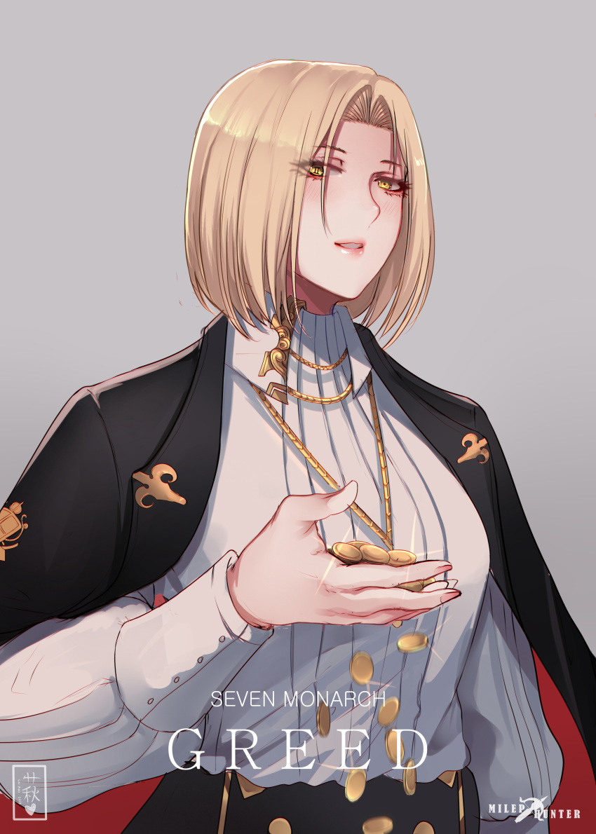 1girl, absurdres, artist_name, black_coat, black_skirt, blonde_hair, coat, coat_on_shoulders