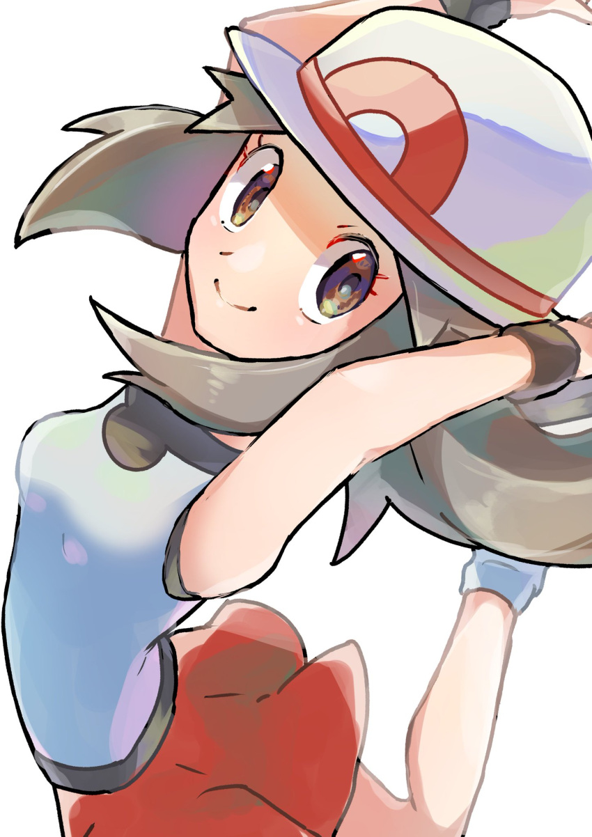 1girl, blue_legwear, blue_shirt, breasts, brown_eyes, brown_hair, bucket_hat, closed_mouth, commentary_request, eyelashes, hair_flaps, hat, highres, leaf_(pokemon), long_hair, looking_at_viewer, loose_socks, pokefia, pokemon, pokemon_(game), pokemon_frlg, red_skirt, shirt, simple_background, skirt, sleeveless, sleeveless_shirt, smile, solo, white_background, white_headwear, wristband