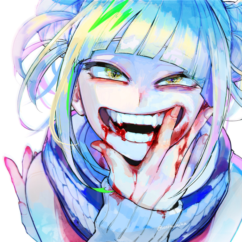 1girl, bags_under_eyes, bangs, blonde_hair, blood, blood_in_mouth, blood_on_clothes, blood_on_face, blood_on_hands, blood_on_teeth, blunt_bangs, boku_no_hero_academia, double_bun, fangs, hand_on_own_face, highres, open_mouth, simple_background, smile, teeth, toga_himiko, twitter_username, unou_(unou_mha), white_background, yellow_eyes