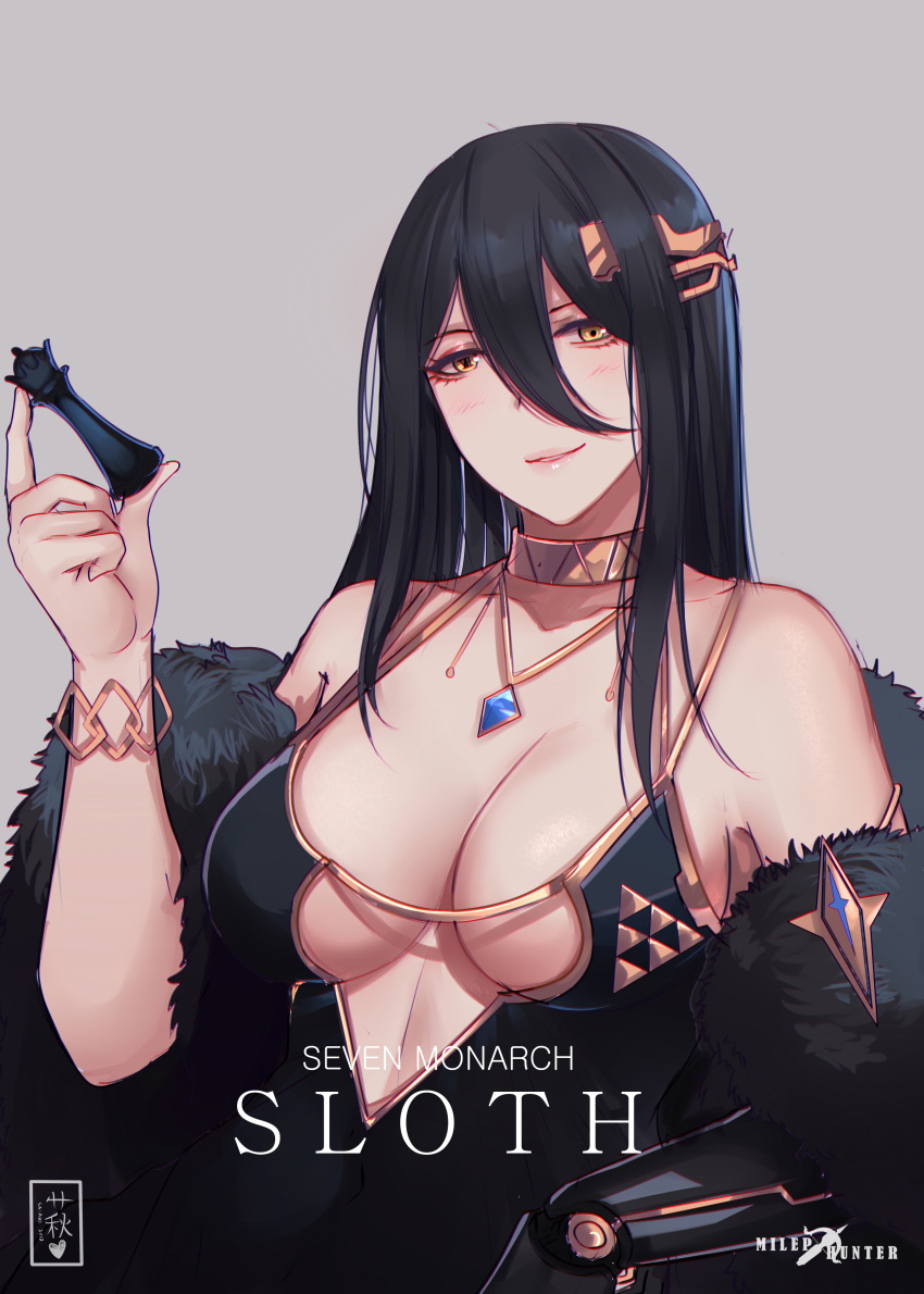 1girl, absurdres, artist_name, bare_shoulders, black_dress, black_hair, breasts, coat