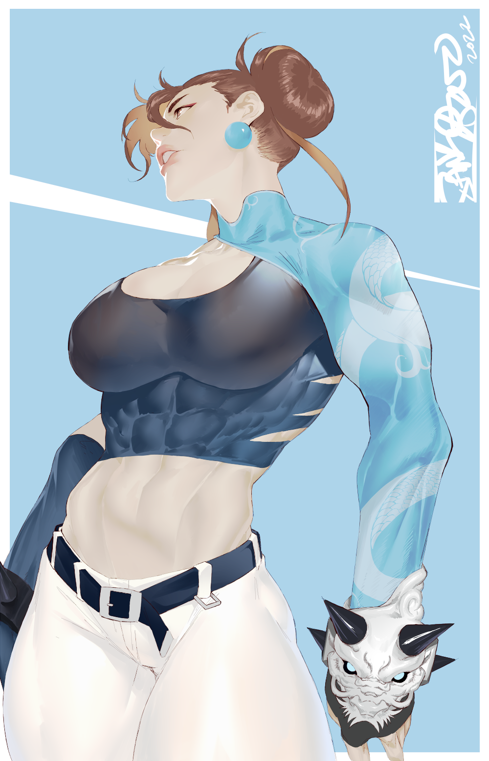 1girl, abs, alternate_costume, asymmetrical_sleeves, belt, black_sports_bra, blue_background, bracelet