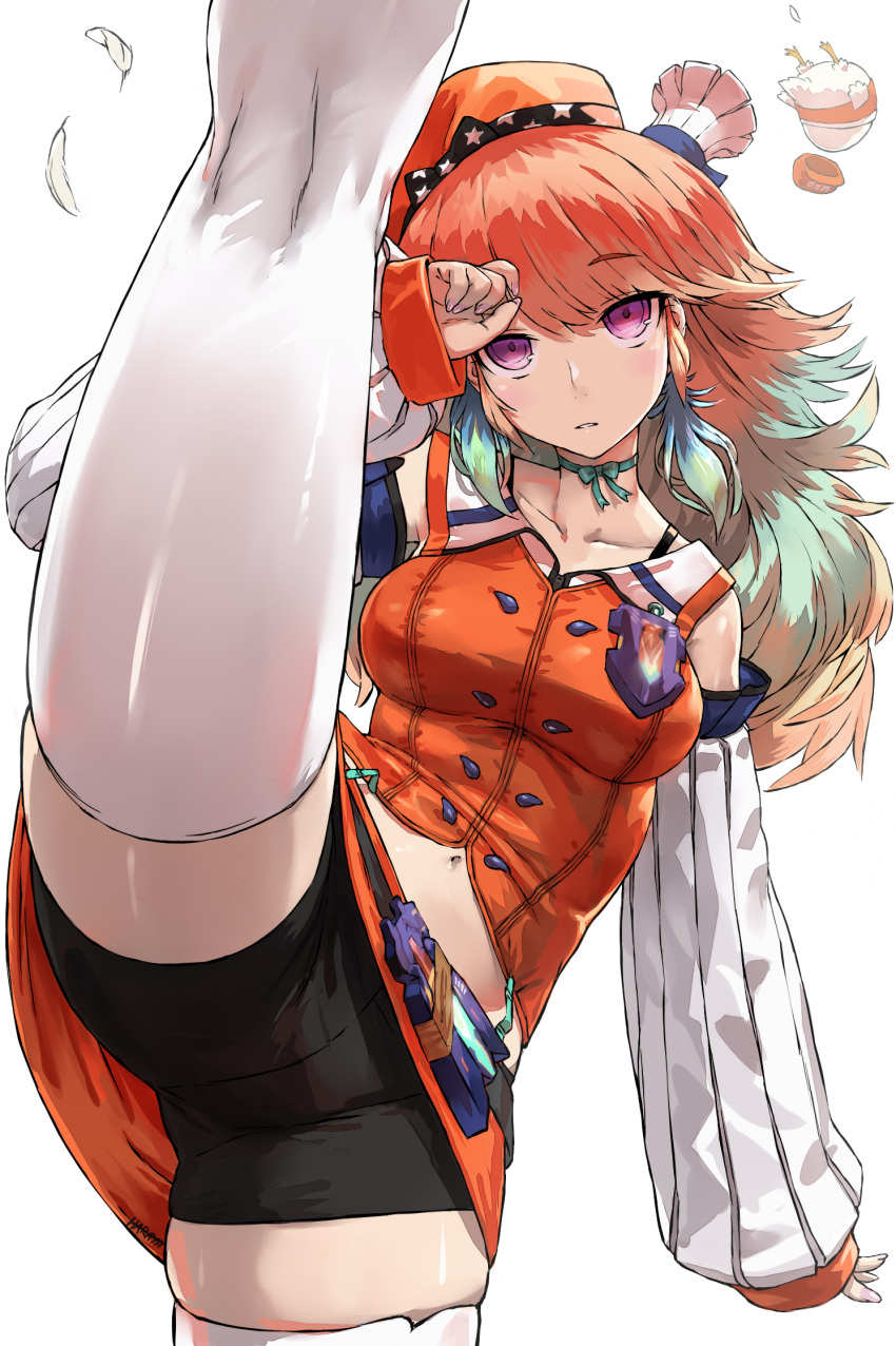 1girl, bike_shorts, bike_shorts_under_skirt, bird, bow_choker, breasts, chef_hat, chicken, cowboy_shot, earrings, eyebrows_visible_through_hair, feather_earrings, feathers, gradient_hair, haraya_manawari, hat, high_kick, highres, hololive, hololive_english, jewelry, kfp, kicking, kneepits, leg_lift, leg_up, looking_at_viewer, medium_breasts, multicolored_hair, navel, orange_hair, orange_headwear, pink_eyes, skindentation, skirt, split, standing, standing_on_one_leg, standing_split, takanashi_kiara, thigh-highs, upskirt, virtual_youtuber