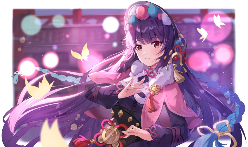 02bear20, 1girl, absurdres, bangs, black_hair, blue_hair, blurry, blurry_background, bonnet, braid, bug, butterfly, capelet, dress, eyebrows_visible_through_hair, flower_knot, fur_trim, genshin_impact, highres, lolita_fashion, long_hair, long_sleeves, looking_at_viewer, multicolored_hair, pink_capelet, pose, purple_dress, red_eyes, smile, twin_braids, two-tone_hair, upper_body, yun_jin_(genshin_impact)