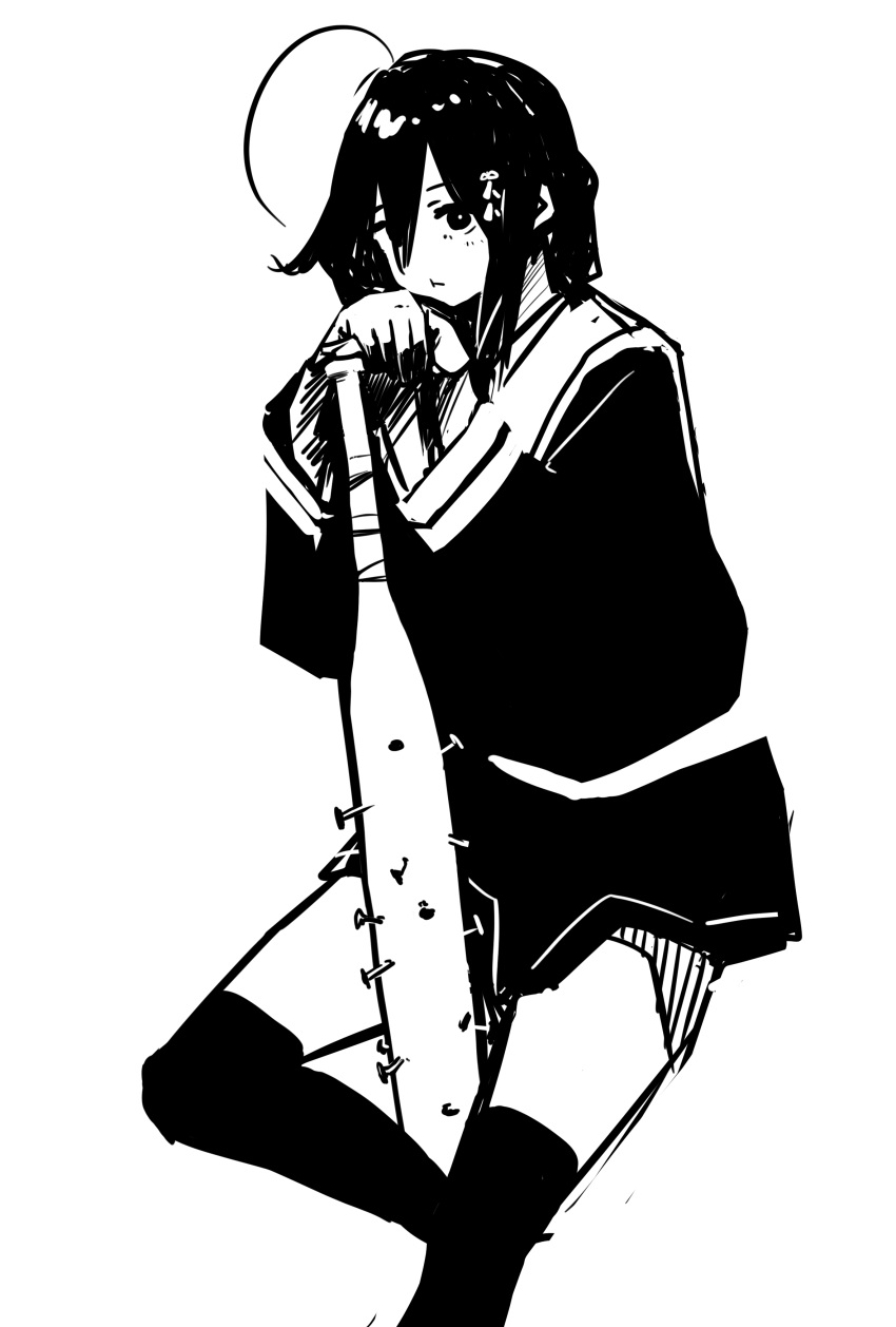 1girl, absurdres, ahoge, baseball_bat, greyscale, hair_between_eyes, hair_ornament, hairclip