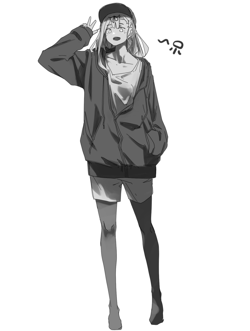 1girl, baseball_cap, greyscale, hair_between_eyes, hair_over_shoulder, hair_ribbon, hat, highres