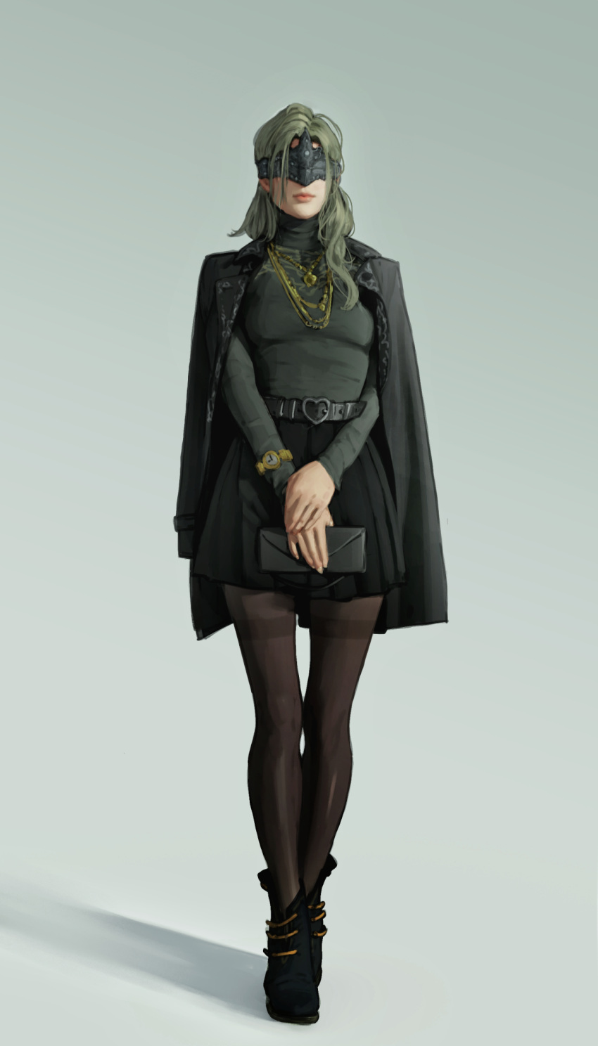 1girl, atamagaitai, bag, black_footwear, black_skirt, blindfold, boots, brown_legwear, closed_mouth, contemporary, dark_souls_(series), dark_souls_iii, facing_viewer, fashion, fire_keeper, full_body, green_hair, grey_background, grey_shirt, handbag, highres, holding, jacket, jacket_on_shoulders, jewelry, long_hair, miniskirt, necklace, pantyhose, pleated_skirt, shirt, simple_background, skirt, solo, thighband_pantyhose, watch, watch