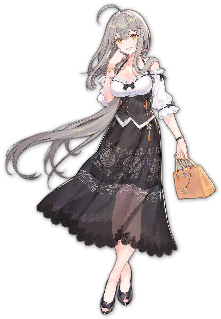 1girl, ahoge, artist_request, bag, black_bow, black_dress, black_footwear, bow